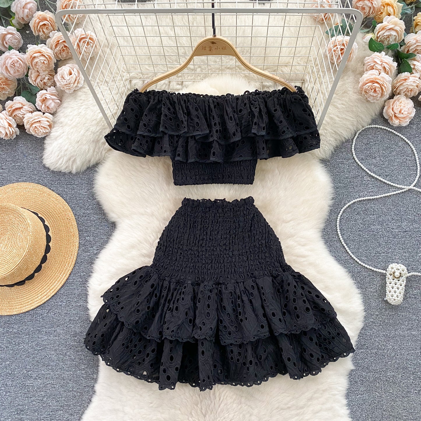 Holiday style suit heavy embroidery hollow ruffle one-shoulder top short skirt two-piece suit R2255