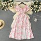 Retro romantic floral dress summer puff sleeves slit design niche chic beautiful long skirt R2248