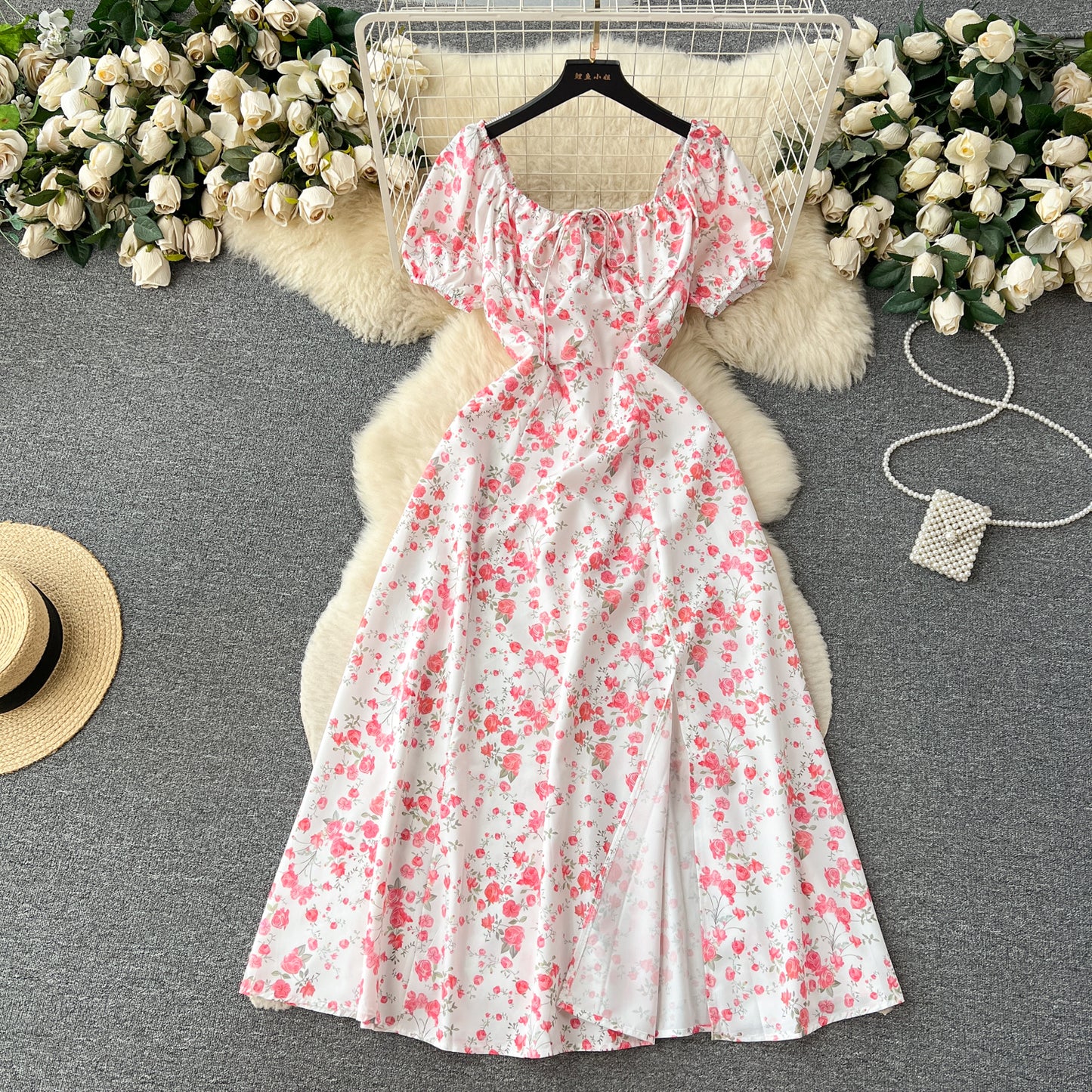 Retro romantic floral dress summer puff sleeves slit design niche chic beautiful long skirt R2248