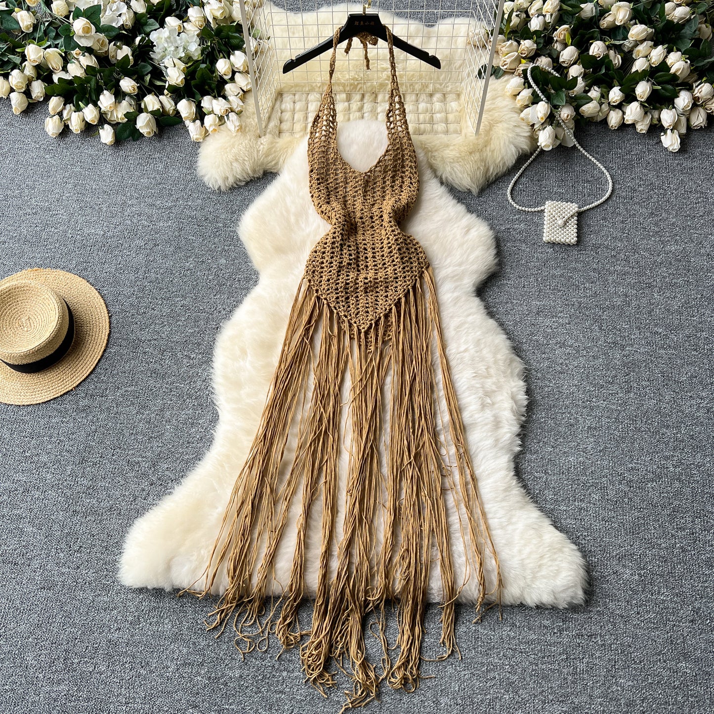 European and American sexy hollow lace knitted tassel blouse dress slim holiday top R2202