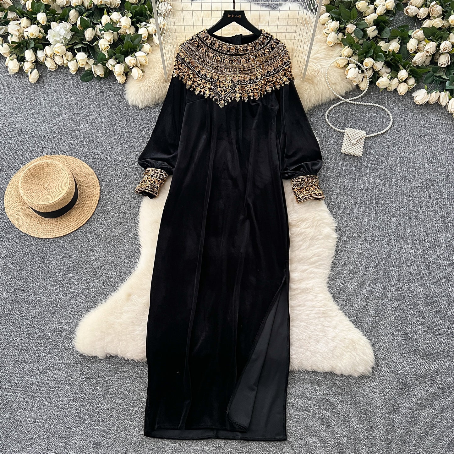 French style sequined beaded round neck long sleeve velvet dress loose slim slit long skirt R2235