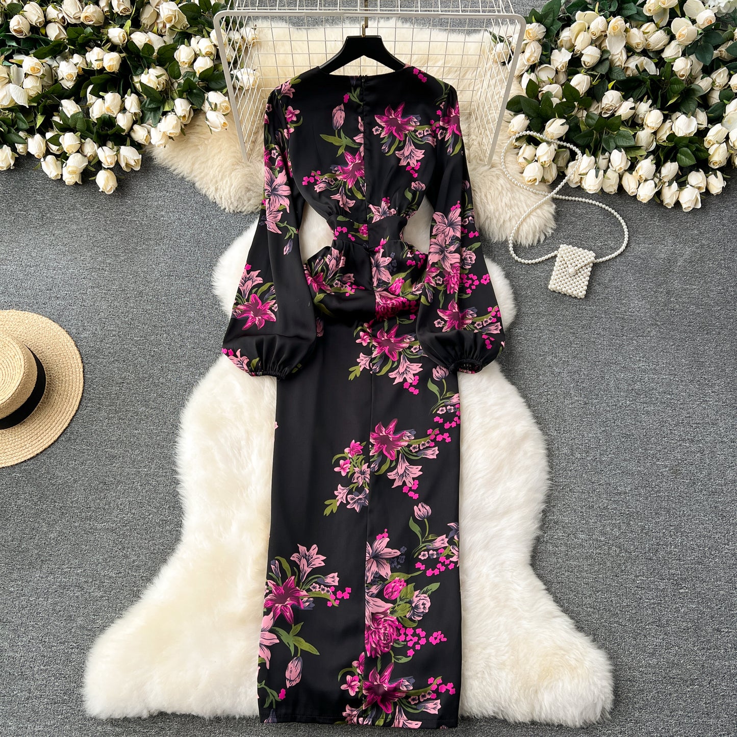 Temperamental and elegant dress 2025 new waist lantern sleeves printed dress long skirt R2246