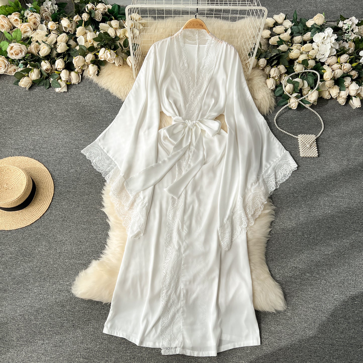 High-end temperament mid-length pajamas robe loose strap waist lace splicing shawl coat R2222