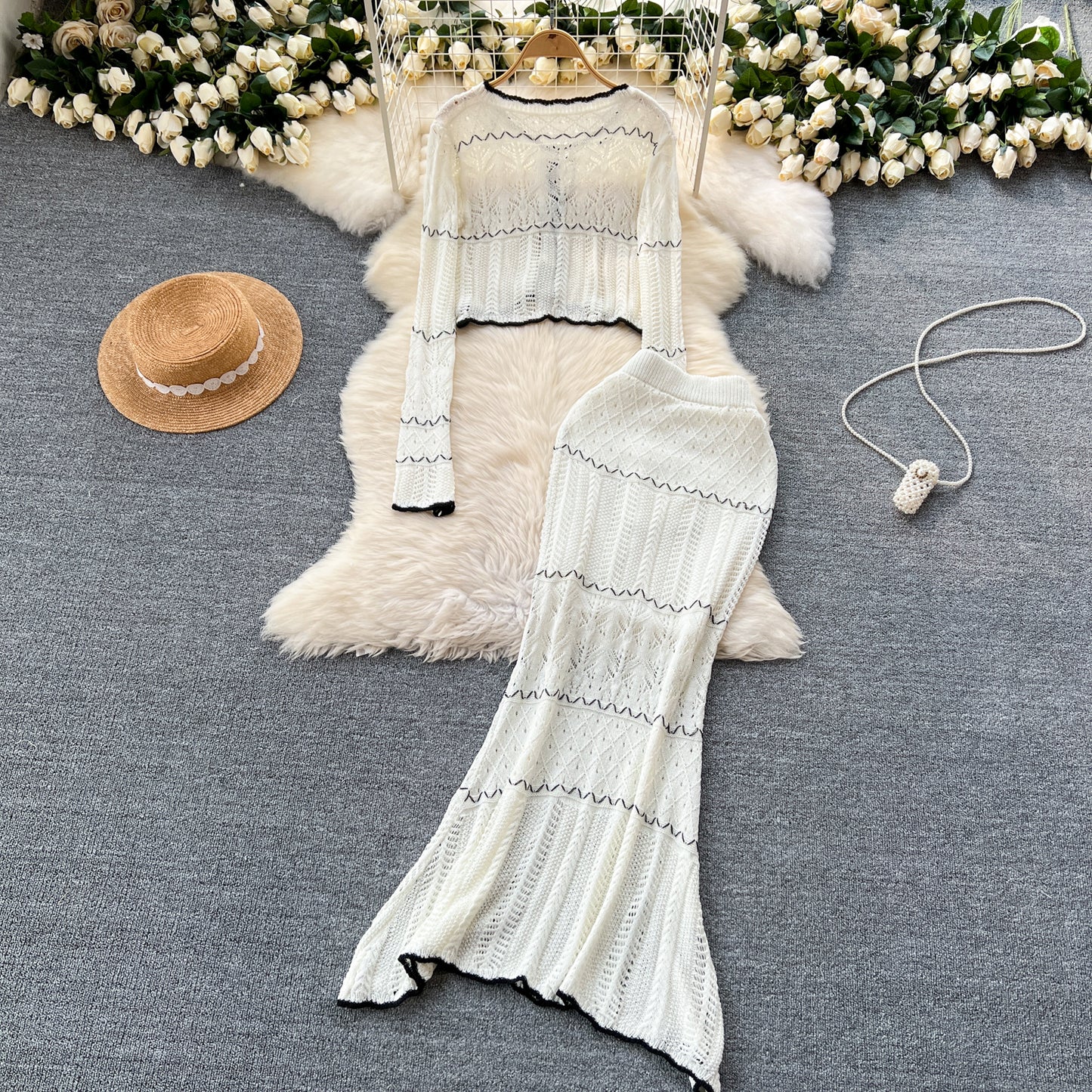 French style gentle hollow knitted cardigan jacket + slim hip fishtail skirt two-piece suit R2236