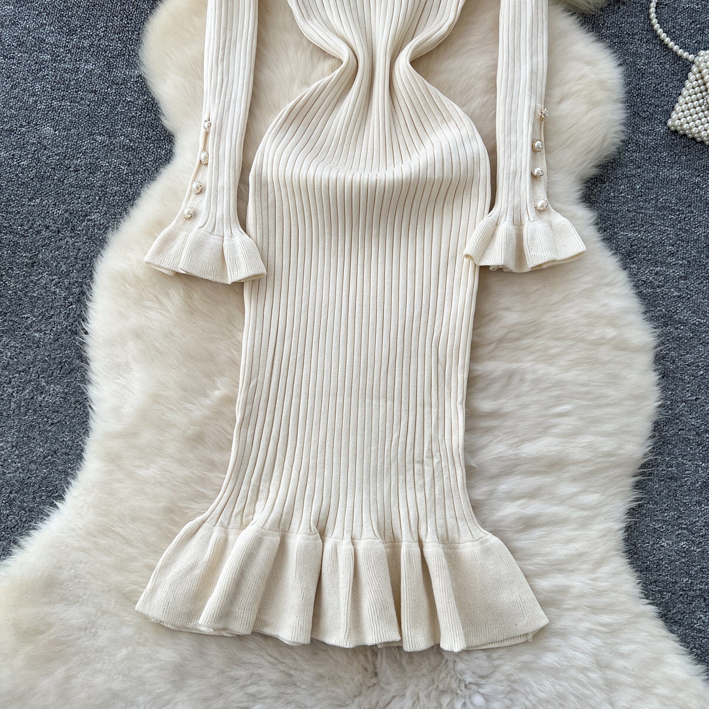 French retro contrast color doll collar waist knitted dress elastic slim fit skinny ruffled long skirt R2344