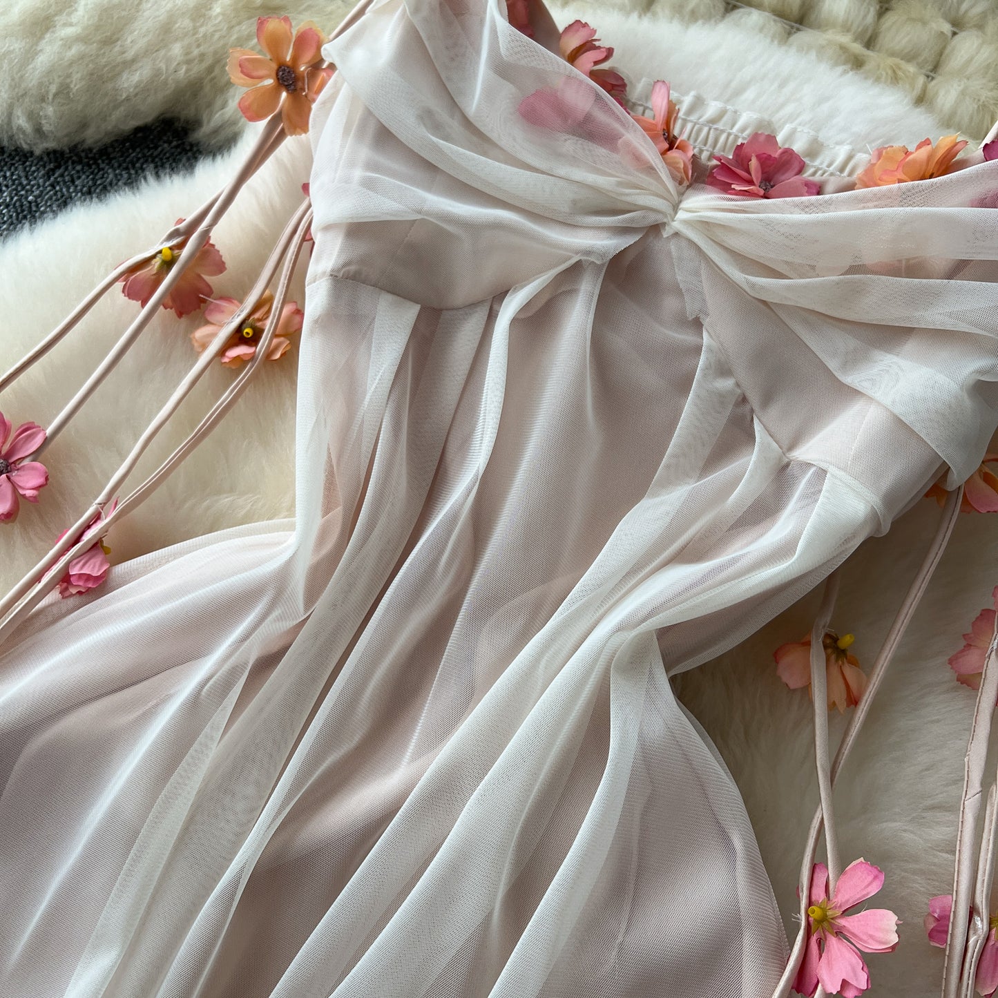 Holiday dress three-dimensional flower mesh high waist slim long skirt suspender skirt R2342