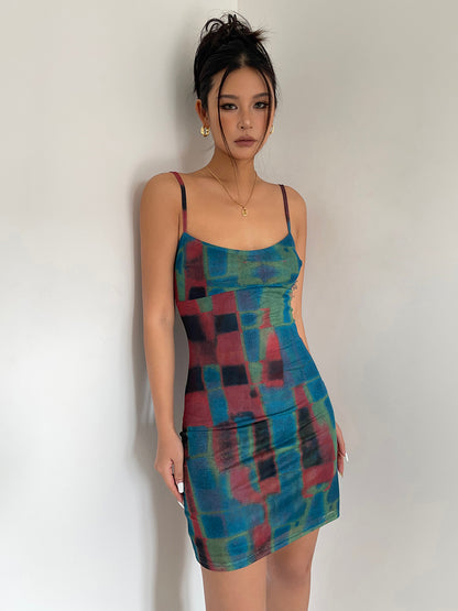 Pure desire tie-dyed double-layer mesh print slim-fitting suspender dress with hip skirt R3071