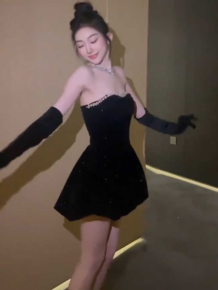 Birthday party dress high-end niche temperament tutu skirt tube top velvet dress R1769