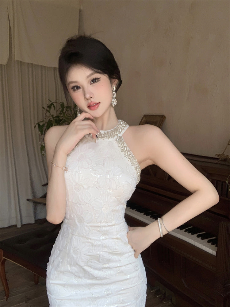 Birthday party small dress skirt high-end temperament heavy sequin halter neck dress R1768