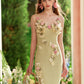 French heavy design flower wool knitted suspenders green slit dress R5112