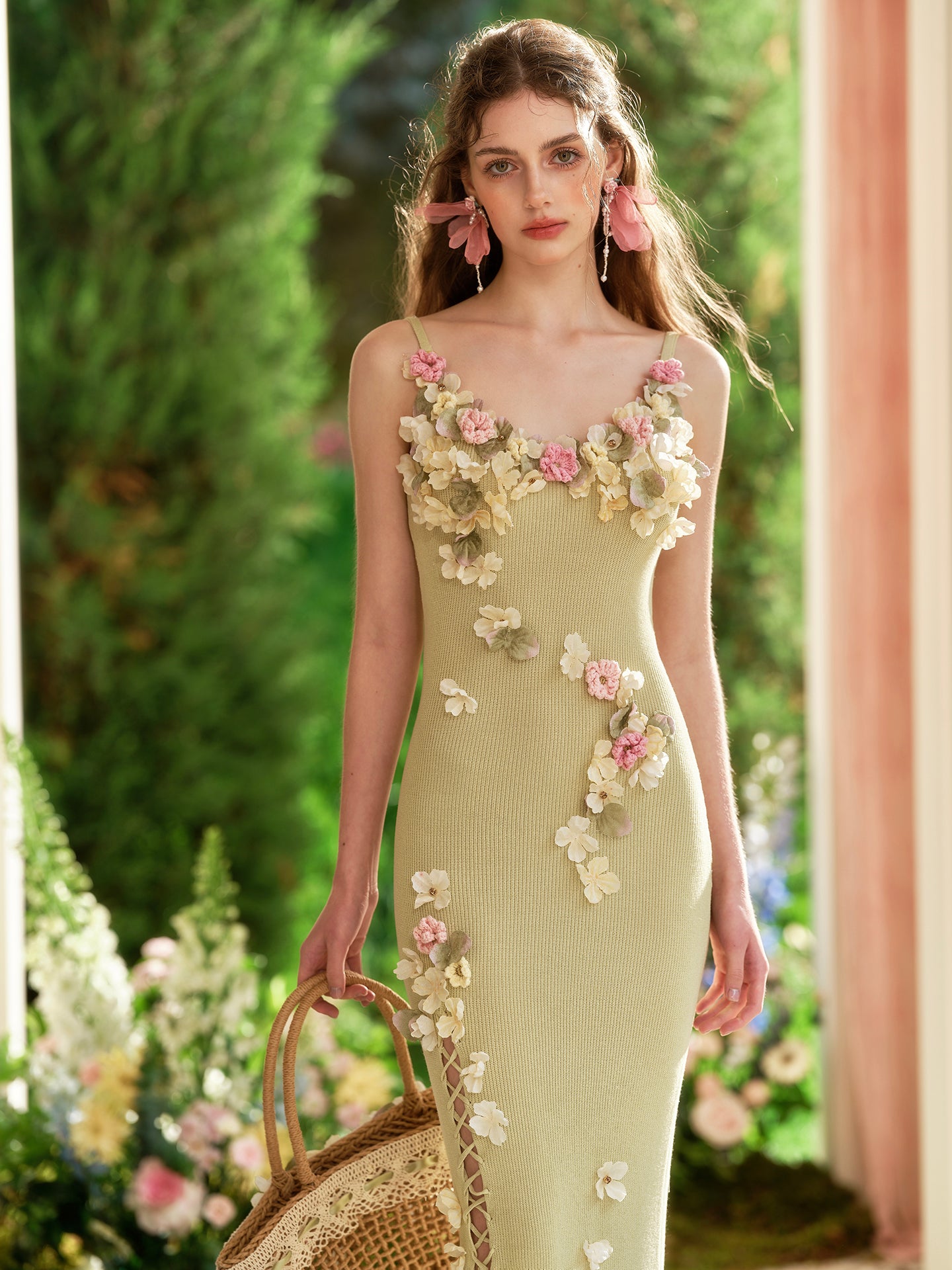 French heavy design flower wool knitted suspenders green slit dress R5112