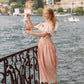 Pink Champagne French Embroidered Fishbone Dress Pink Hollow One Shoulder Maxi Dress R5111