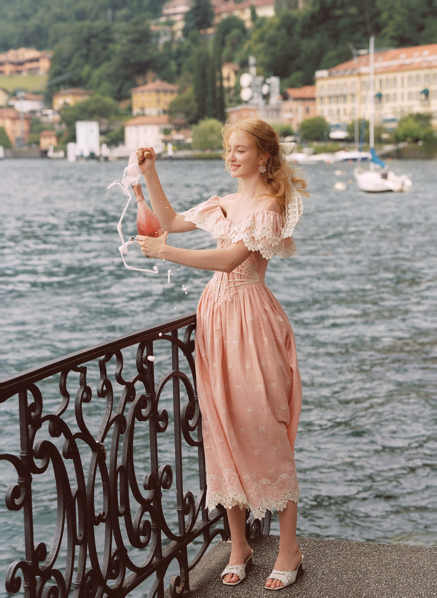 Pink Champagne French Embroidered Fishbone Dress Pink Hollow One Shoulder Maxi Dress R5111