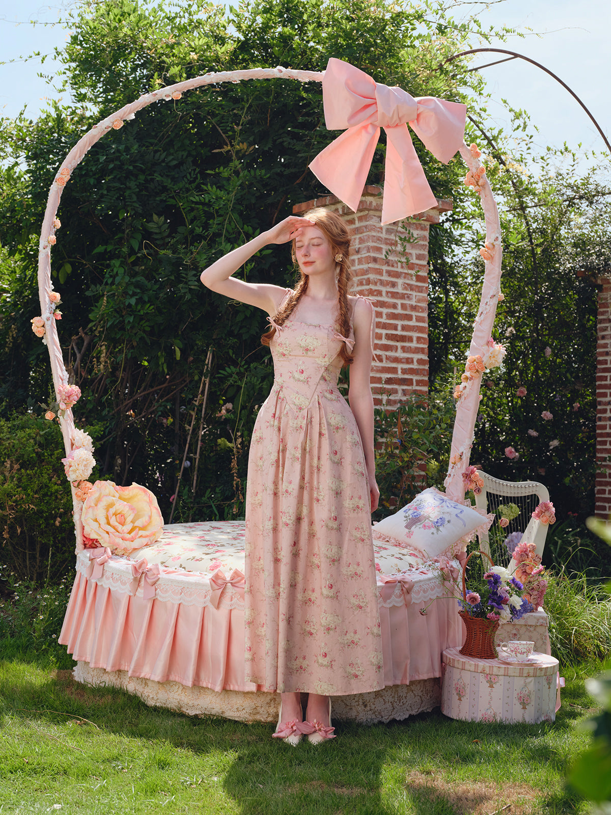 French Sweet Printed Strapless Fishbone Pink Slimming Dress R5106