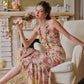 French retro romantic vacation stretch print mesh halter neck fishtail dress R5104