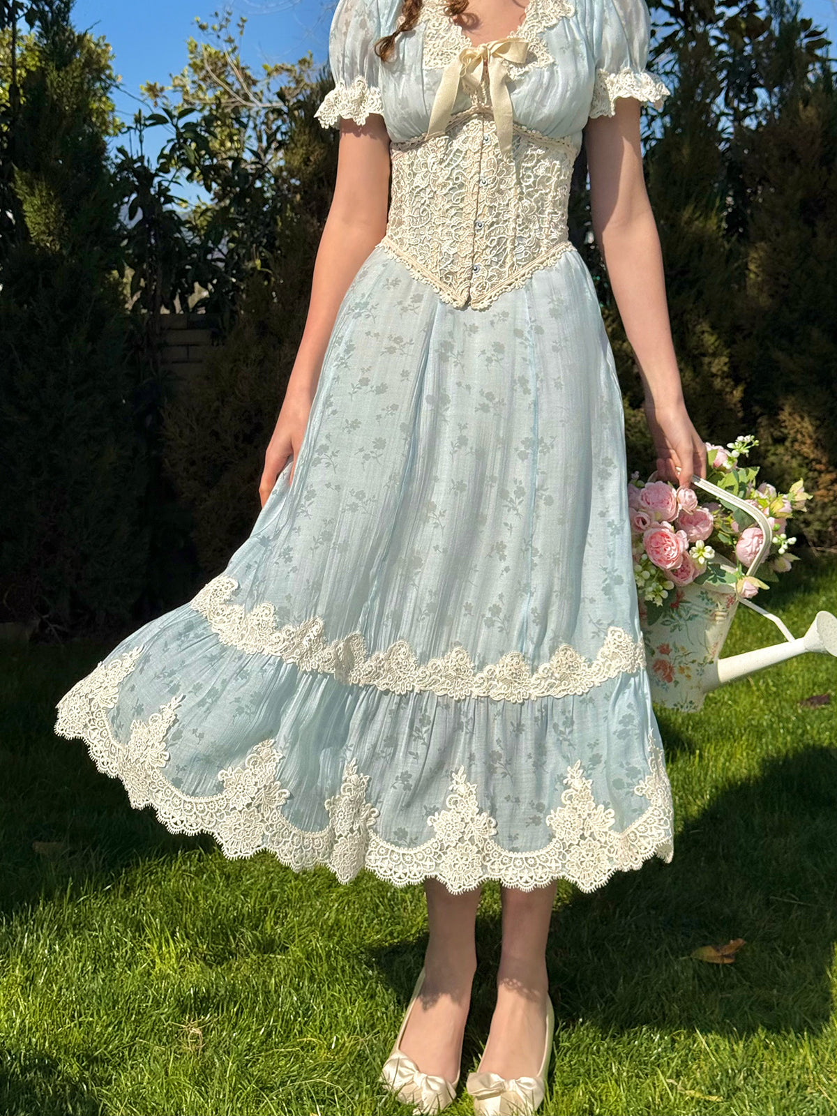 French pastoral fresh baby blue long short-sleeved lace dress R5113