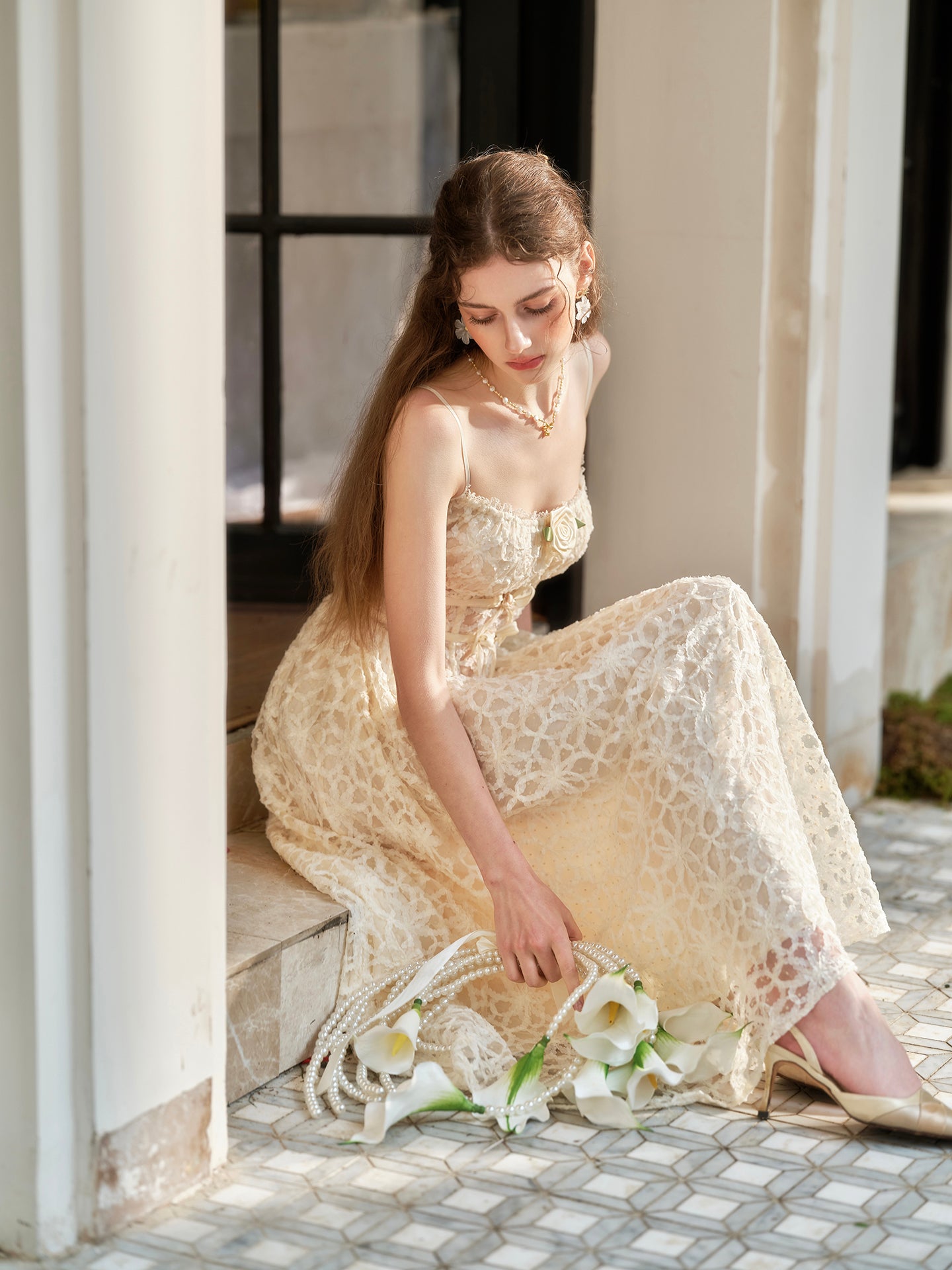 French style little white dress heavy suspenders long fishbone dress summer R5110