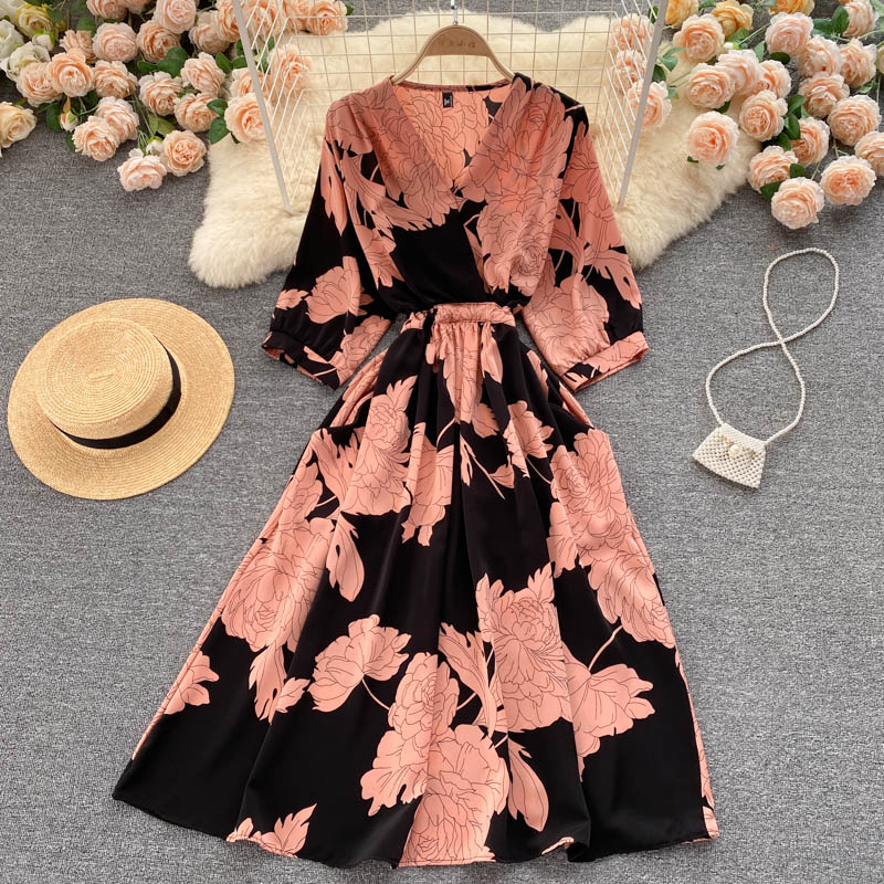 Dress goddess style temperament V-neck slim fit medium long retro print skirt R2206