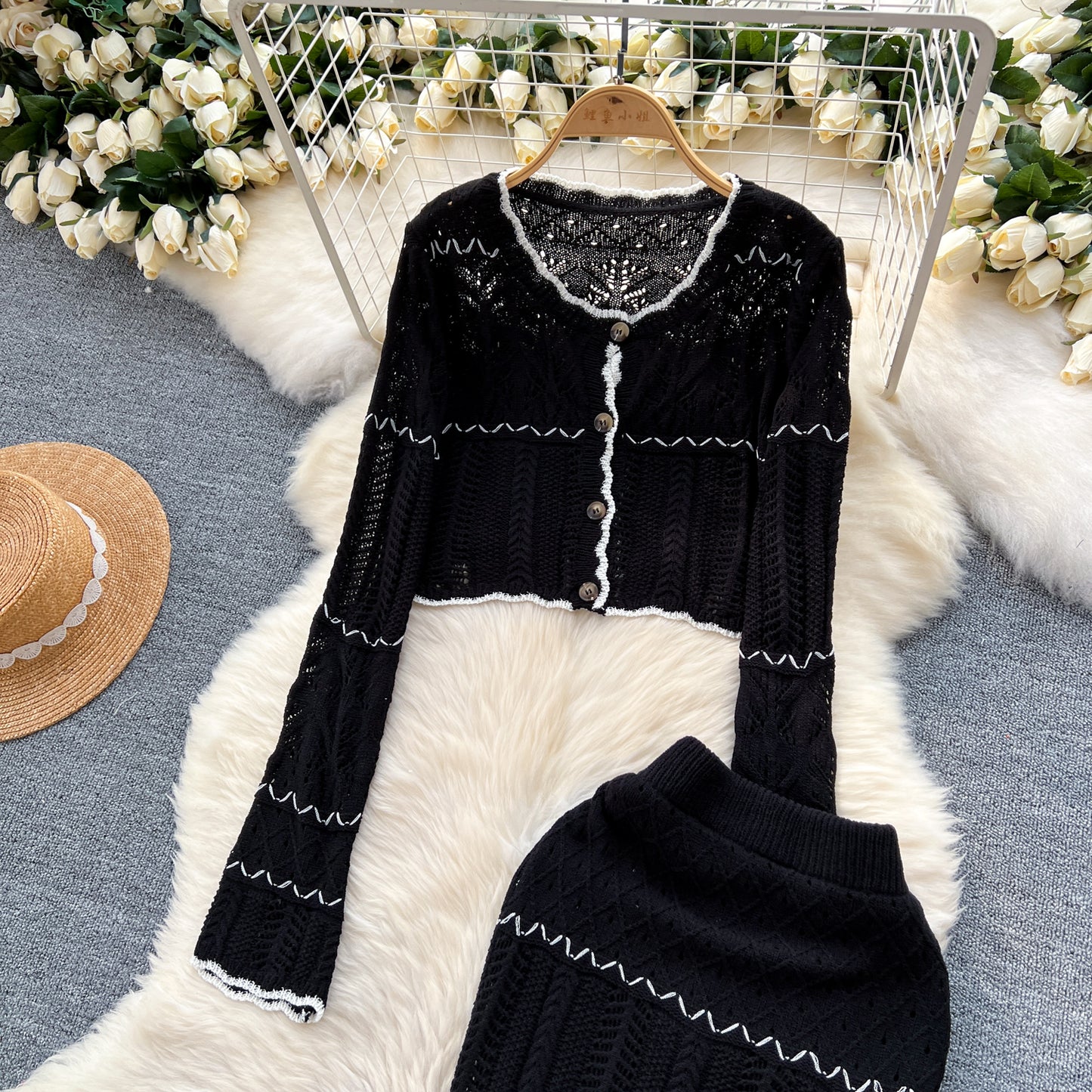 French style gentle hollow knitted cardigan jacket + slim hip fishtail skirt two-piece suit R2236