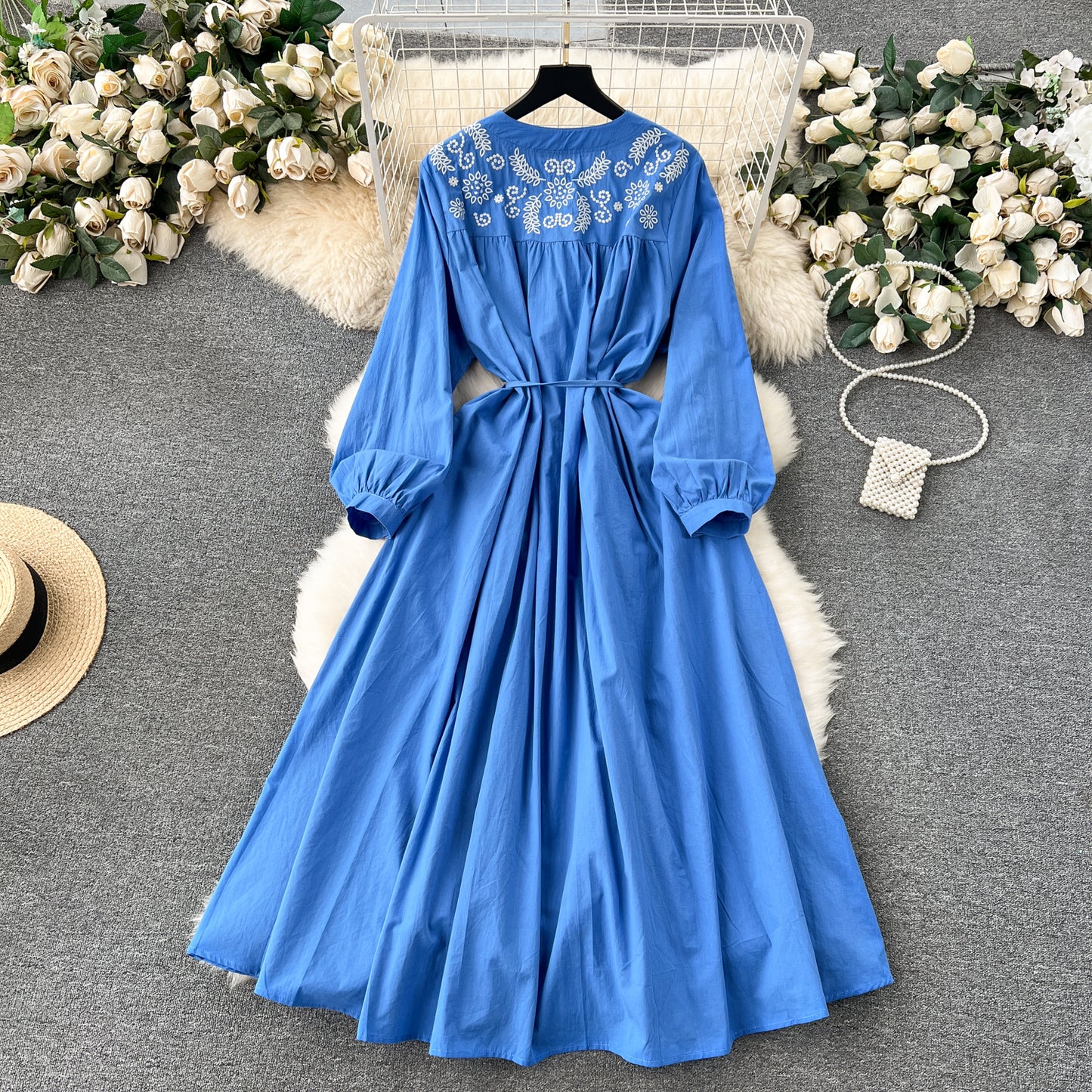 National style travel holiday dress long sleeves Bohemian retro design embroidery loose long skirt R2209