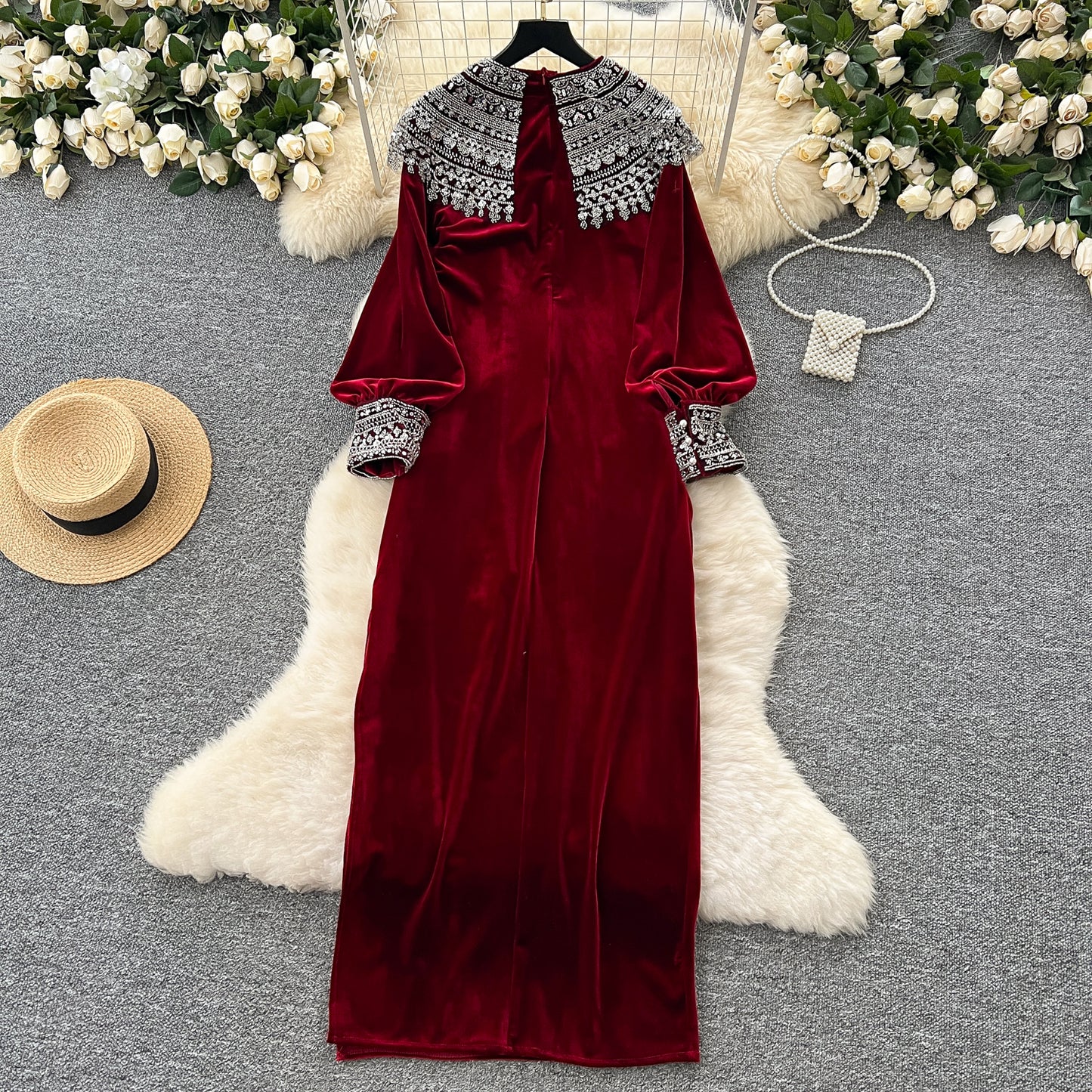 French style sequined beaded round neck long sleeve velvet dress loose slim slit long skirt R2235