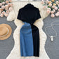 Retro denim skirt contrast color slim fit mid-length short-sleeved temperament dress R2233