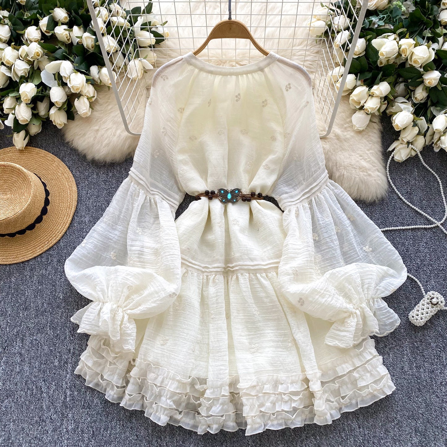 French court style dress sweet embroidery lace lantern sleeves ruffled holiday tutu skirt R2224