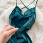 Satin lace slit hollow suspender dress French retro backless sexy long dress R2217