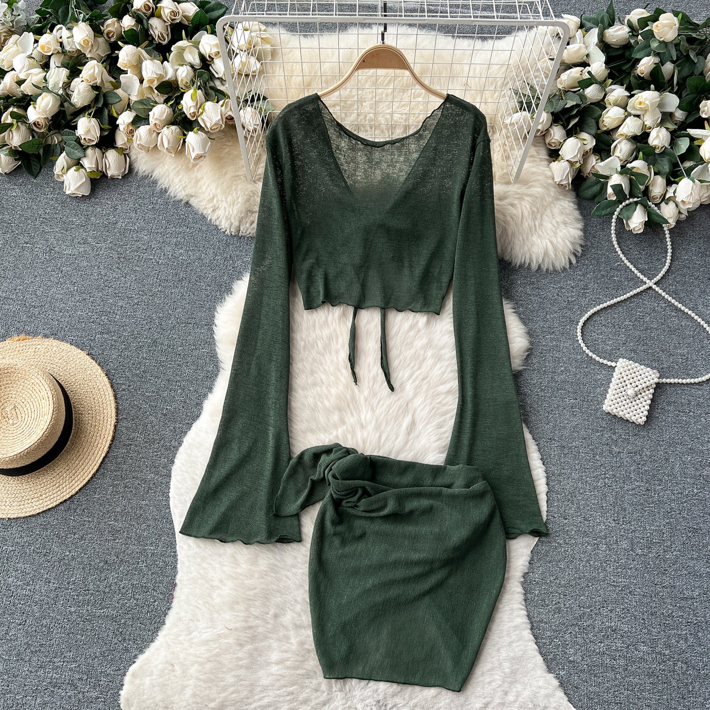 Sexy European and American pure desire suit French cardigan jacket + hip skirt two-piece suit R2227