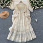 French retro lace splicing lantern sleeve dress waist slimming elegant long skirt R2225
