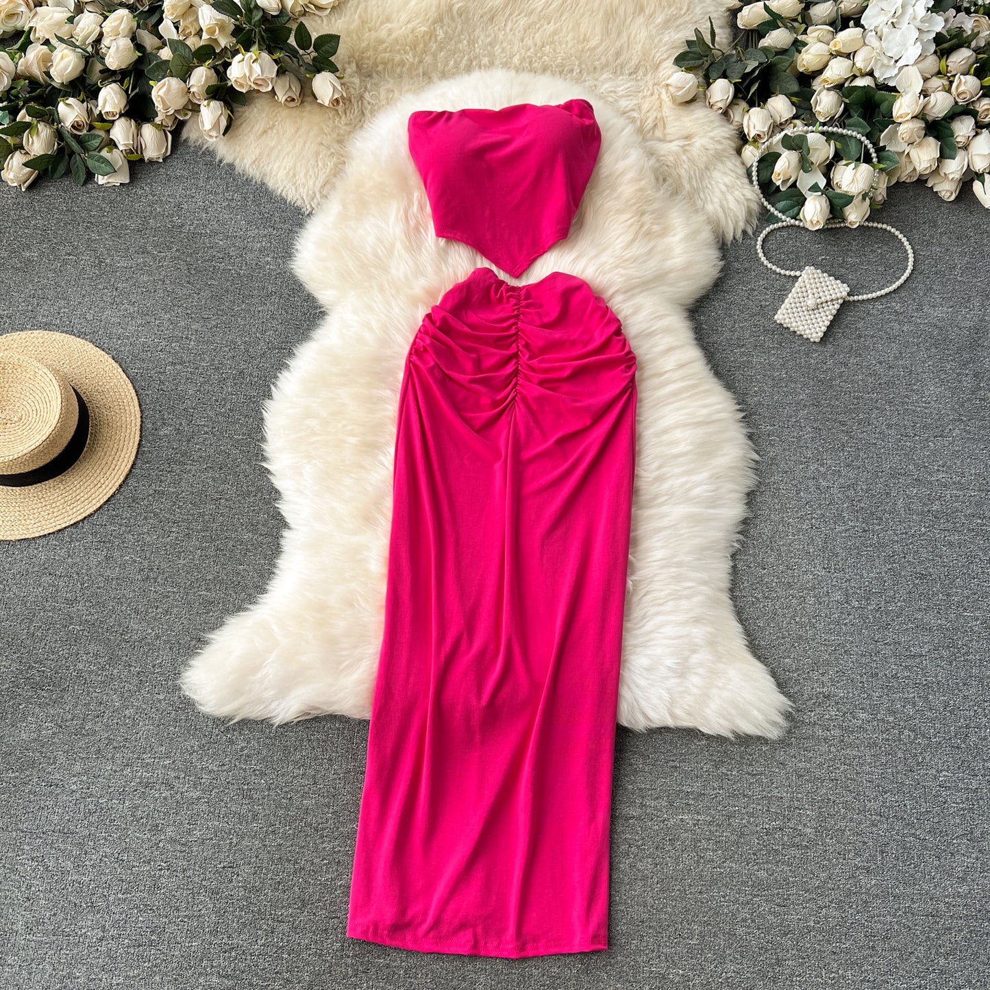 Hot girl style tube top short versatile pleated slim skirt fashionable two-piece skirt suit R2239