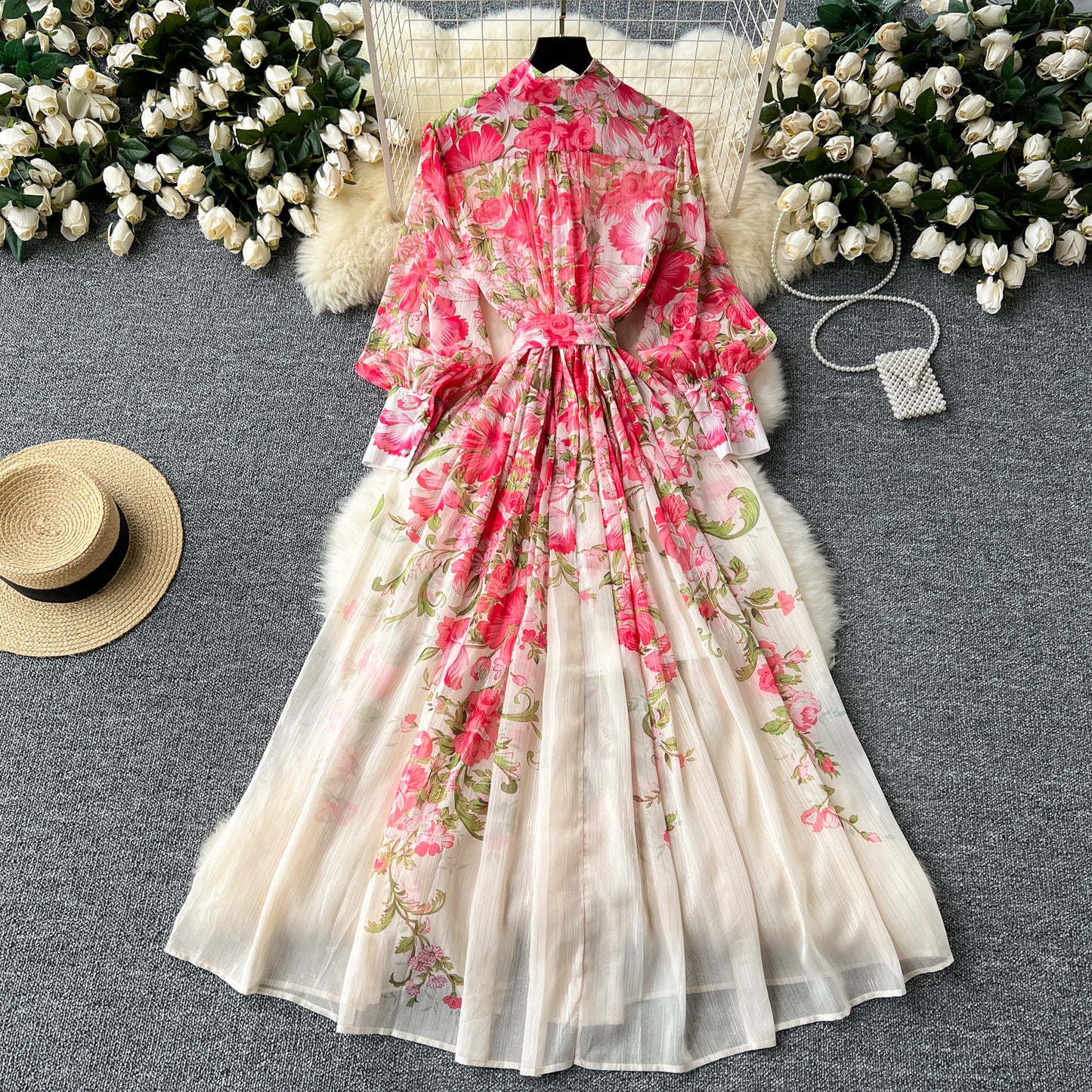 European and American printed dress stand collar waist tie long dress French chiffon skirt R2220
