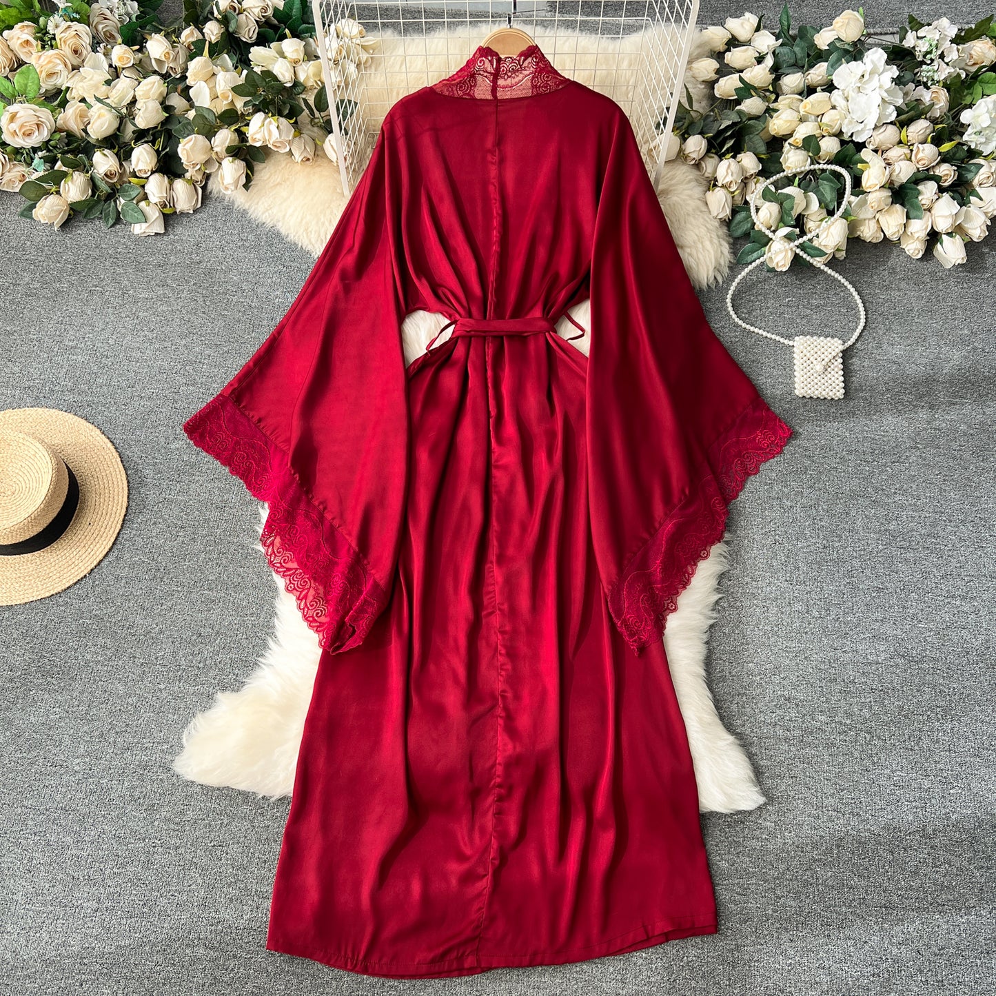 High-end temperament mid-length pajamas robe loose strap waist lace splicing shawl coat R2222