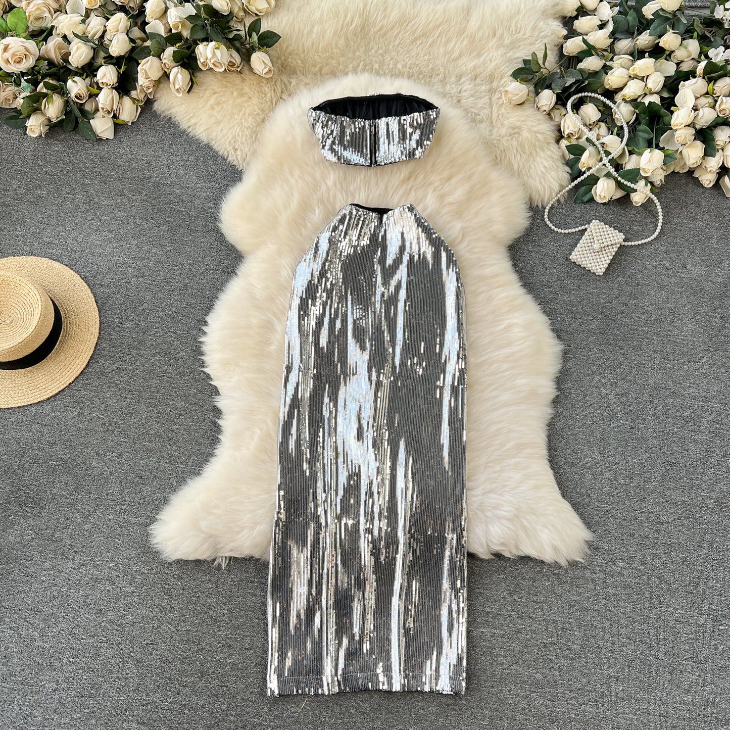 High-end suit sequined tube top short sexy high slit ruffle skirt holiday two-piece suit R2210
