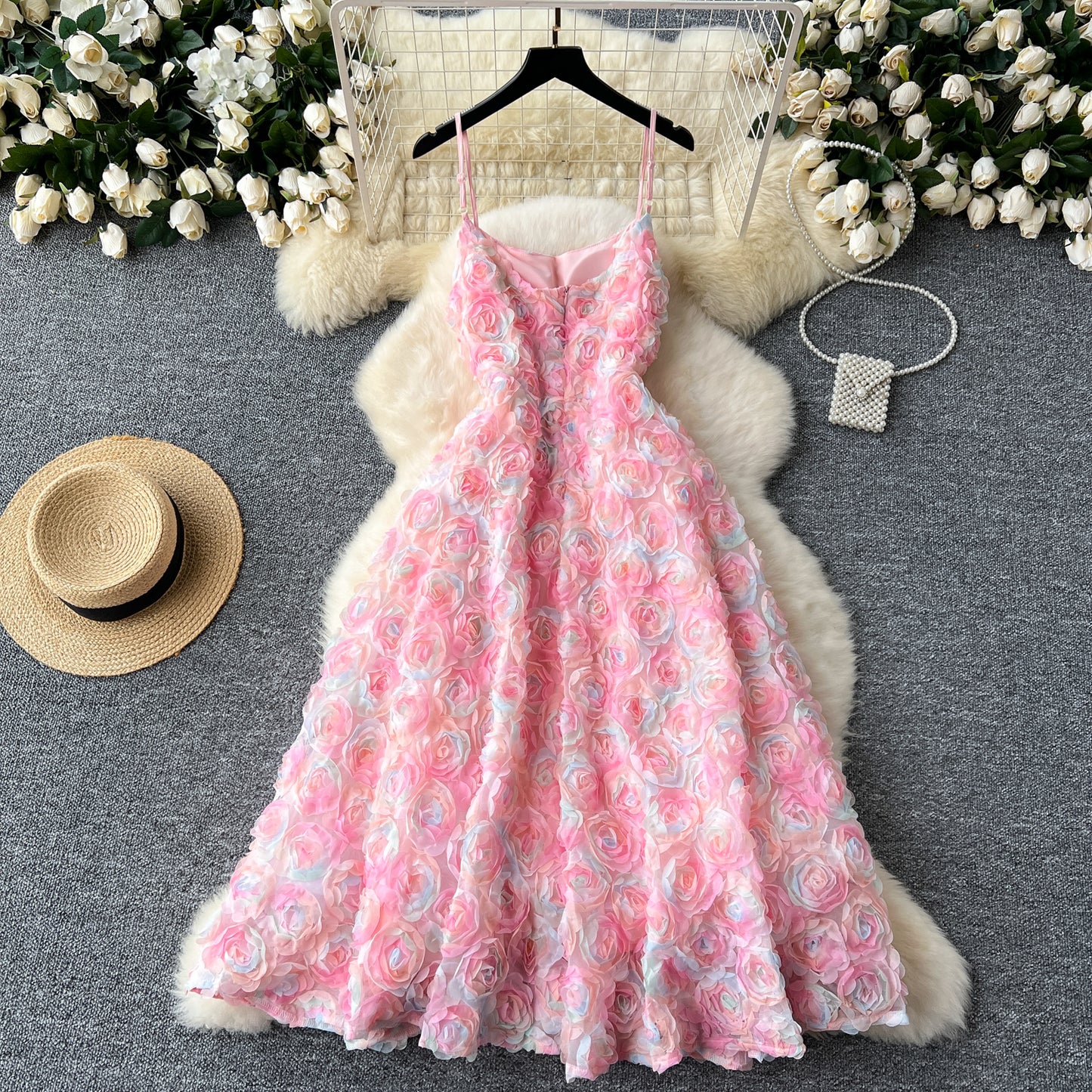High-end dinner party dress heavy three-dimensional rose flower waist suspender dress R2221