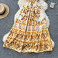 Ethnic style slim waist suspender dress with beautiful print A-line long skirt R2223