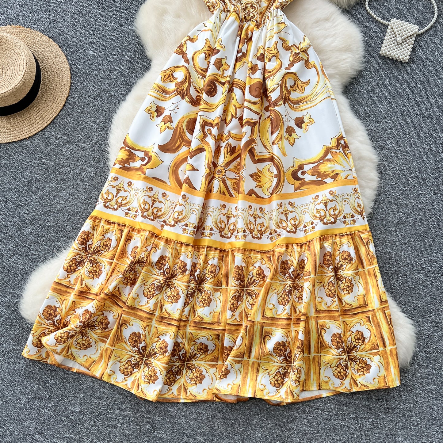 Ethnic style slim waist suspender dress with beautiful print A-line long skirt R2223