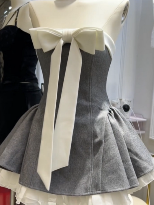 Ballet-style design sense bow bra dress women's high-end waist fluffy short skirt homecoming dress R3001