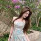 Green floral suspender dress gentle temperament waist small skirt R0578