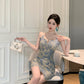 Blue suspender dress, sexy waist, slim hip skirt R0579