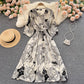 Dress goddess style temperament V-neck slim fit medium long retro print skirt R2206