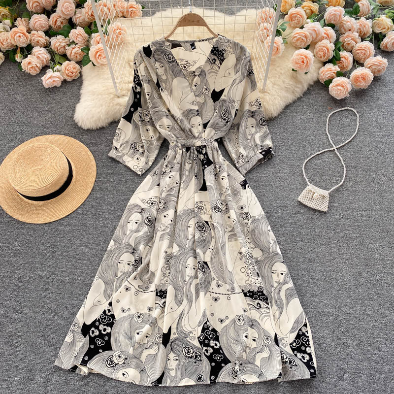 Dress goddess style temperament V-neck slim fit medium long retro print skirt R2206