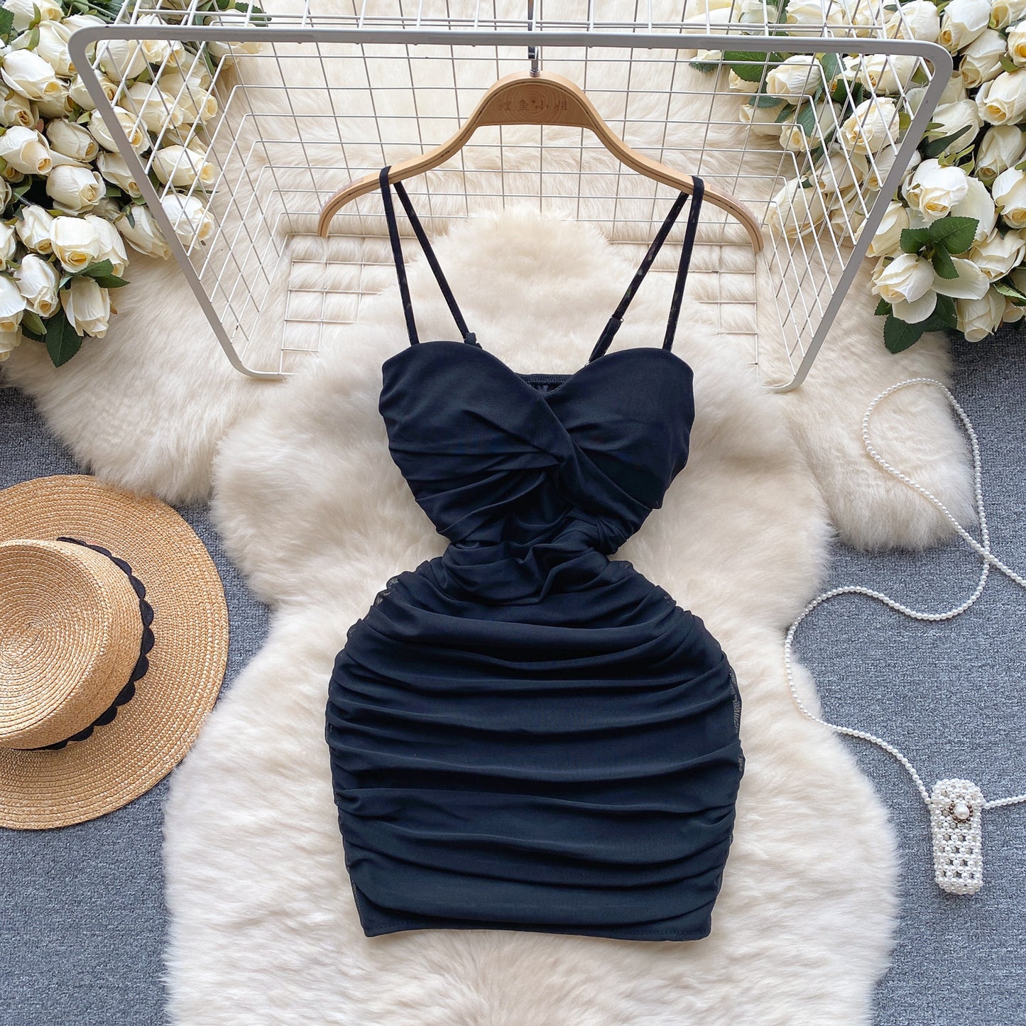 Sexy elastic mesh dress 2025 new pleated slim short sexy hip suspender skirt R2268