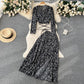 Holiday style retro floral suit long-sleeved French slim V-neck top + split skirt two-piece suit R2271