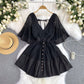Holiday style 2025 new niche sexy deep V-neck lace patchwork waist flared sleeve dress R2269