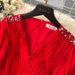 French retro V-neck lantern sleeves diamond dress with slim waist and elegant long skirt R2270