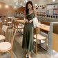 Green acetate satin silk suspender dress women's medium length 2025 new long skirt R1006
