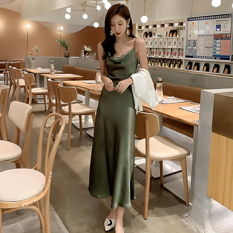 Green acetate satin silk suspender dress women's medium length 2025 new long skirt R1006
