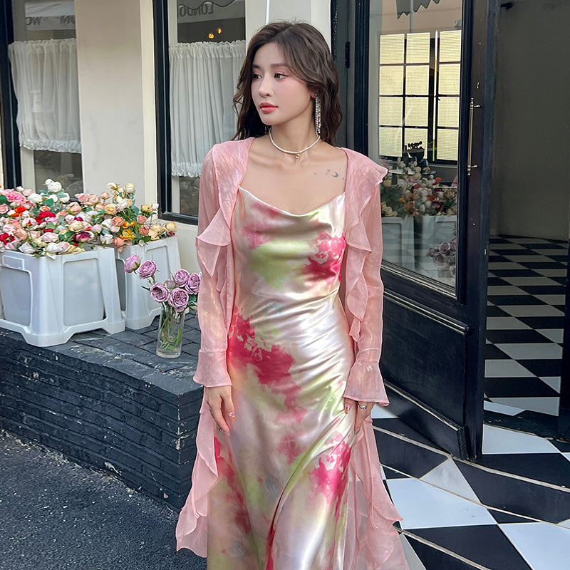 French retro print slim fairy dress sexy high-end pure desire wind collar suspender long dress R1007