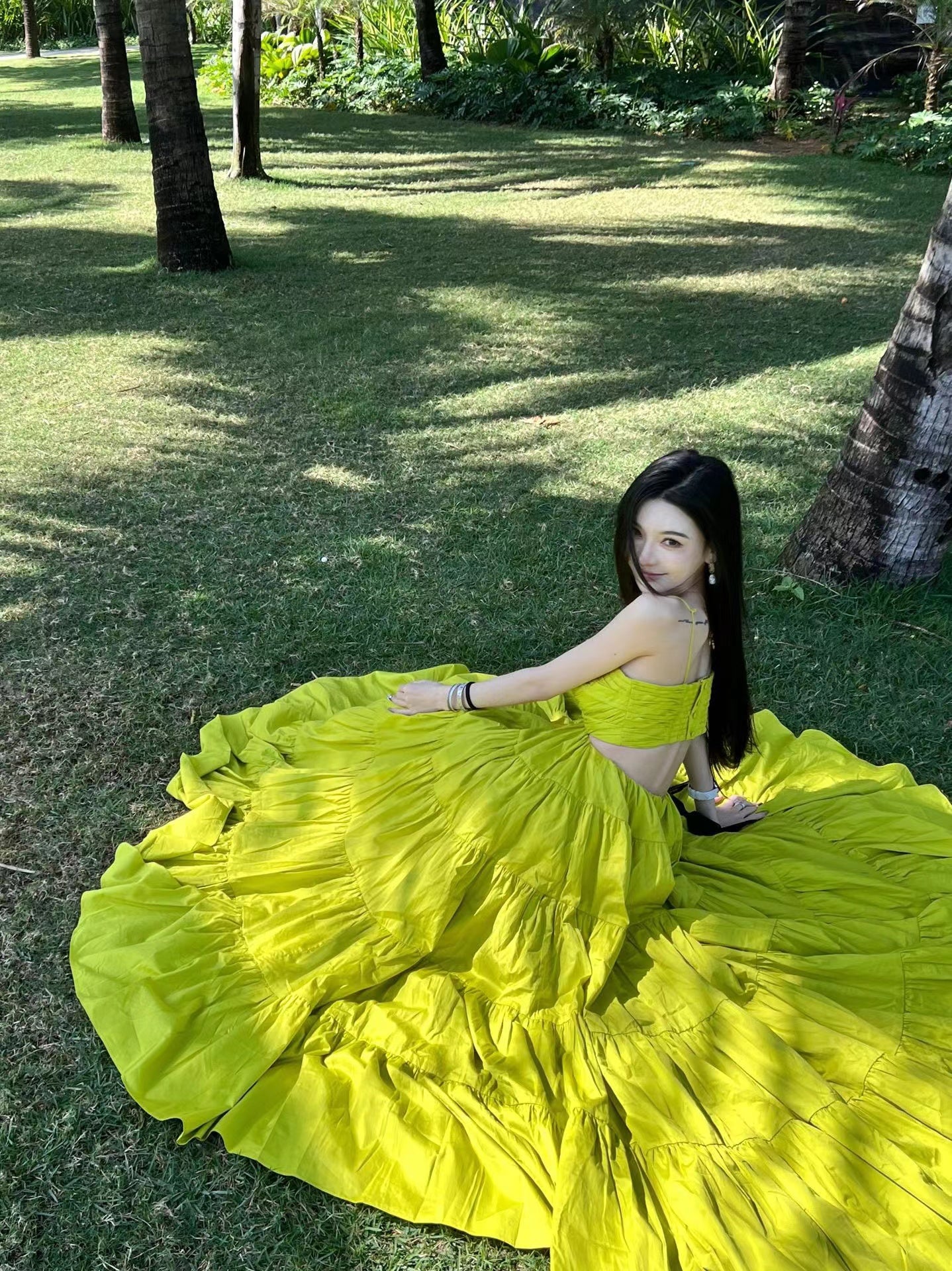 Travel suspenders with exposed waist dress, slim beach dress, holiday waist long skirt R1586